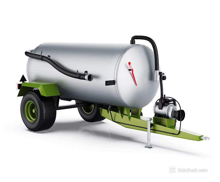 Silver Fuel Tank Trailer with Green Wheels Black Hose and Pump 3d model 