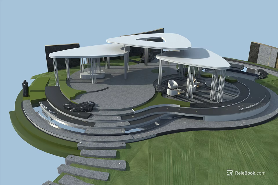 Modern Pergola Design With Open Lawn Paved Steps And Landscape Features 3d model