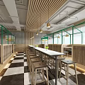 Contemporary Restaurant With Grid Ceiling Pendant Lights Checkerboard Floor Green Walls And Long Bar