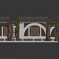 Traditional Wooden Architectural Structure With Detailed Carved Lattice And Matching Tables Chairs
