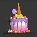 Decorated Cake With Purple Pink Gradient Dripping Icing Topped With Ice Cream Cone Macarons Candle