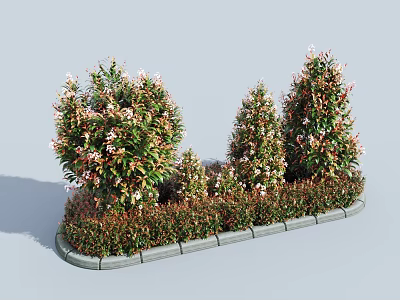 Flowering Ornamental Shrubs In Landscaped Garden With Trimmed Hedges Greenery And Stone Border 3d model