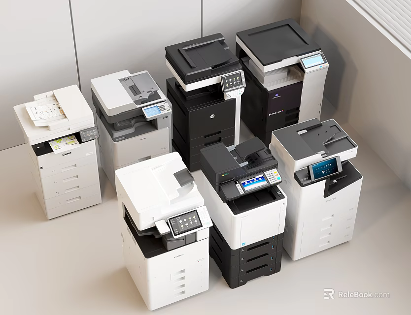 Office Appliances Multifunction Printers Black White Gray with Digital Displays Stacked in Modern Office 3d model 