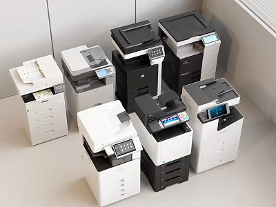 Office Appliances Multifunction Printers Black White Gray with Digital Displays Stacked in Modern Office 3d model