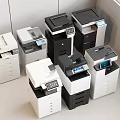 Office Appliances Multifunction Printers Black White Gray with Digital Displays Stacked in Modern Office