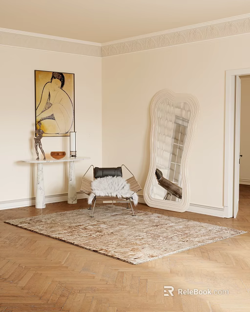 Modern Accent Chair With Fur Cushion On Herringbone Rug Beside Decorative Mirror And Side Table 3d model 