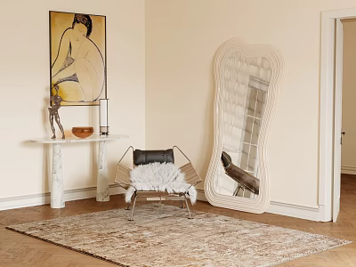 Modern Accent Chair With Fur Cushion On Herringbone Rug Beside Decorative Mirror And Side Table 3d model
