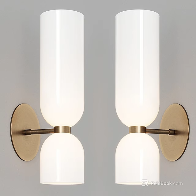 Modern White Cylindrical Wall Lamp with Gold Metal Base on Gray Wall 3d model 