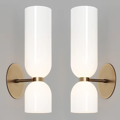 Modern White Cylindrical Wall Lamp with Gold Metal Base on Gray Wall 3d model