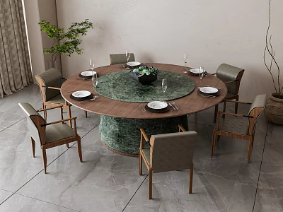 Round Dining Table Set with Wooden Top Green Center and Six Gray Cushioned Wooden Chairs 3d model