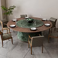 Round Dining Table Set with Wooden Top Green Center and Six Gray Cushioned Wooden Chairs