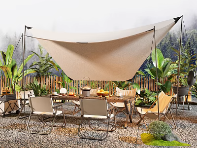 Outdoor Canopy Tent in Garden with Lush Plants Wooden Table Chairs and Food Drinks 3d model