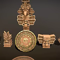 Wooden Stone Carved Sculptures Mayan Inspired Tower Columns Discs With Intricate Patterns