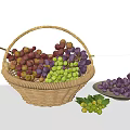 Wicker Basket Filled With Fresh Green And Purple Grapes And Plate