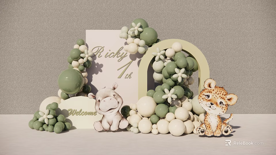 1st Birthday Window Display with Green White Balloon Decor Animal Toys Welcome Sign and Flowers 3d model 