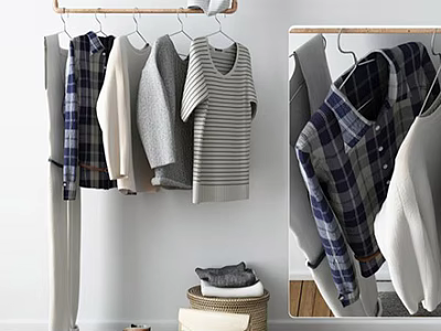 Various Clothes Hanging On Wooden Hangers Including Plaid Shirts Striped Sweaters And Gray Tops 3d model