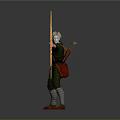 Medieval Archer in Classic Outfit Holding Longbow Preparing to Shoot Arrow Against Gray Background