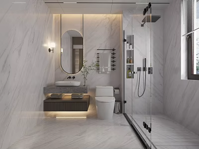 Bright Modern Luxury Bathroom With White Marble Cladding And Complete Functional Sanitary Fixtures 3d model