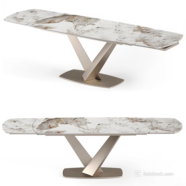 Modern Dining Table With Marble Tabletop And V Shaped Metal Base Design 3d model 