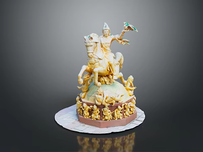 Golden Man Sculpture Riding Horse Holding Colorful Object Surrounded By Small Figurines On Circular Base 3d model