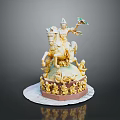 Golden Man Sculpture Riding Horse Holding Colorful Object Surrounded By Small Figurines On Circular Base