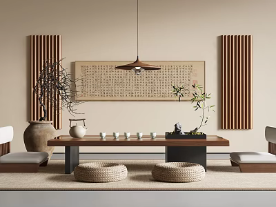 Zen Tea Table And Chairs With Hanging Lamp Calligraphy Scroll Bamboo Partitions Woven Straw Cushions 3d model