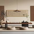 Zen Tea Table And Chairs With Hanging Lamp Calligraphy Scroll Bamboo Partitions Woven Straw Cushions