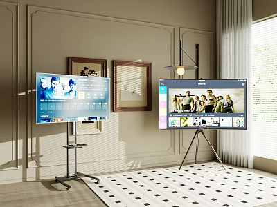 Philips TVs On Floor Stand And Tripod In Living Room With Framed Paintings And Window 3d model