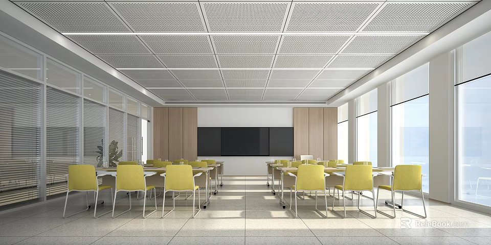 Modern Conference Room With Yellow Chairs Whiteboard Glass Windows And Long Tables 3d model 