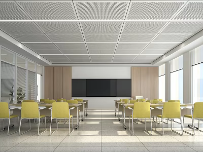 Modern Conference Room With Yellow Chairs Whiteboard Glass Windows And Long Tables 3d model