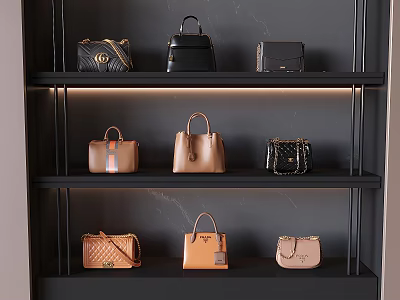 Elegant Handbags On Multi Layer Black Shelves With Leather Chain And Woven Details 3d model