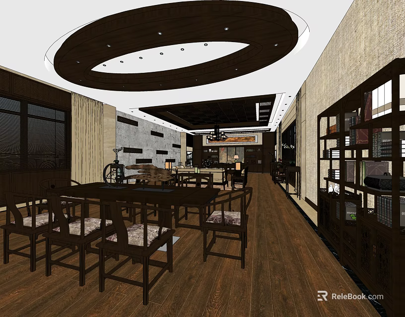 Chinese Style Office Interior Featuring Dark Wooden Tables Circular Ceiling Bookshelves And Wooden Flooring 3d model 