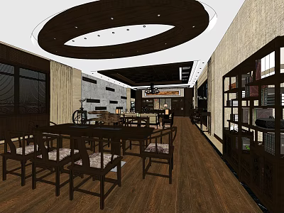Chinese Style Office Interior Featuring Dark Wooden Tables Circular Ceiling Bookshelves And Wooden Flooring 3d model