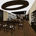 Chinese Style Office Interior Featuring Dark Wooden Tables Circular Ceiling Bookshelves And Wooden Flooring