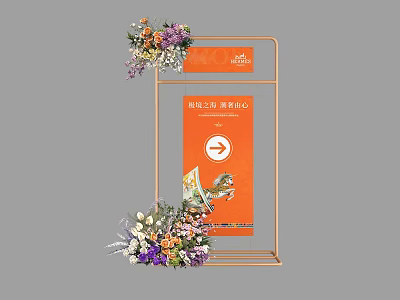 Directional Sign With Golden Frame Orange Signboard And Flower Decorations 3d model
