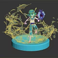 Blue Haired Game Character In Dynamic Pose With Water Splash Effects On Blue Base 3d model