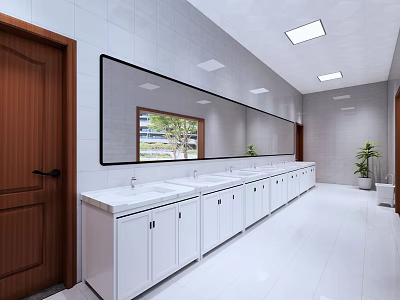 Public Restroom With White Tile Walls Long Mirror White Sinks And Potted Plants 3d model