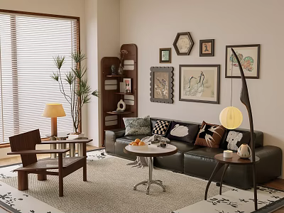 Modern Living Room With Leather Sofa Coffee Table Bookshelf Potted Plant And Wall Art 3d model