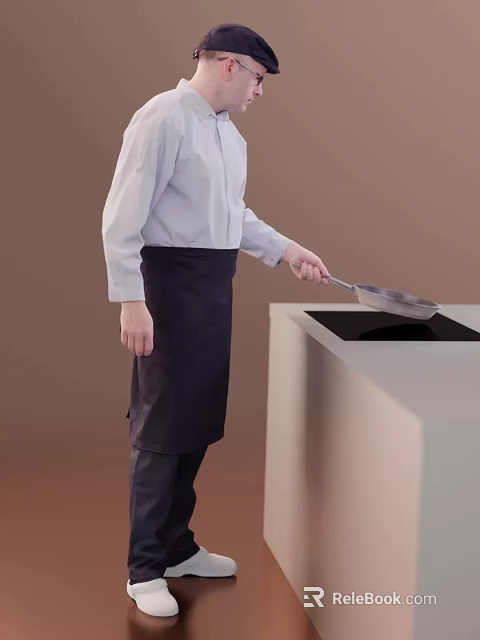 Man In White Shirt And Dark Apron Using Spatula On White Stove With Black Panel 3d model 