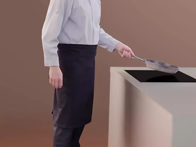 Man In White Shirt And Dark Apron Using Spatula On White Stove With Black Panel 3d model