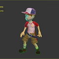 Child 3D Model Wearing Red White Blue Cap Red White Shirt Khaki Shorts Red Shoes
