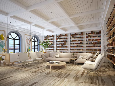 Bright Lounge Area With White Ceiling Bookshelves Sofa Chairs And Wooden Floor 3d model