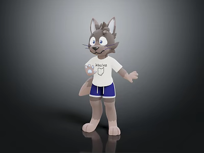 Cute Grey Cartoon Cat Game Movie Character In White T shirt And Blue Shorts 3d model