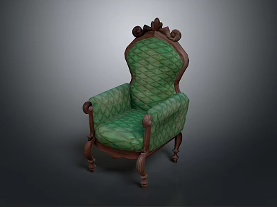 Vintage Green Armchair with Diamond Pattern Fabric Wooden Arms and Carved Top 3d model