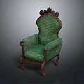 Vintage Green Armchair with Diamond Pattern Fabric Wooden Arms and Carved Top