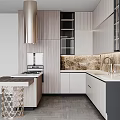 Modern Kitchen Featuring Wooden And Gray Cabinets Marble Countertop Island And Range Hood