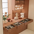 Restaurant Wooden Storage Area With Drawers Tableware Countertop Vase Flowers Fruits Toaster And Coffee Maker