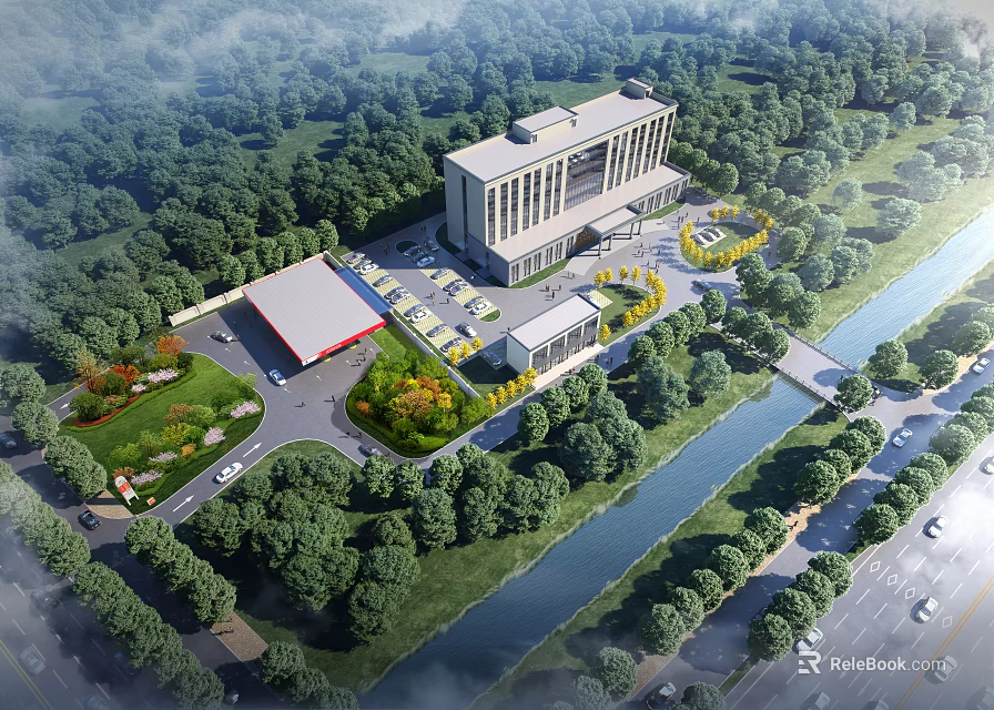 Modern Office Building Surrounded By Green Trees River And Parking Lot 3d model 