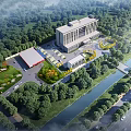 Modern Office Building Surrounded By Green Trees River And Parking Lot