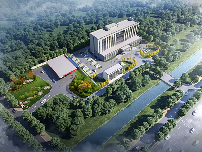 Modern Office Building Surrounded By Green Trees River And Parking Lot 3d model